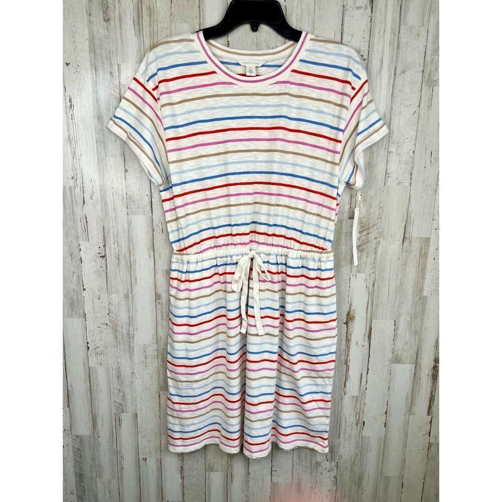 Caslon Striped Shirt Dress Short Sleeve Drawstring Casual Size S with Pockets - Picture 2 of 12